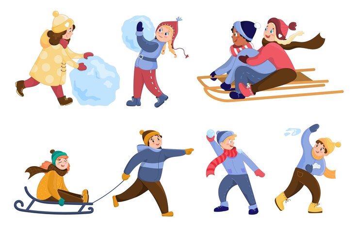 I bambini carini giocano fuori in inverno. Fanno un pupazzo di neve, giocano a palle di neve e slittino. Un insieme di caratteri su sfondo bianco per un design natalizio in stile cartone animato.