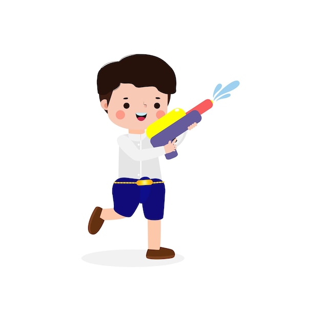 I bambini del festival Cartoon Happy Songkran che tengono la pistola ad acqua e la ciotola dell'acqua si divertono a spruzzare acqua in tailandese