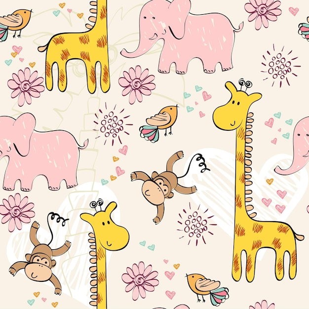 I bambini disegnano a mano il modello senza cuciture con gli animali