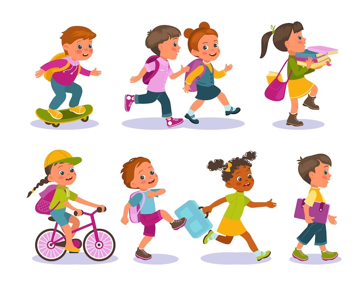 I bambini divertenti vanno a scuola Gli studenti con gli zaini vanno a correre per le lezioni I bambini vanno in bicicletta o su skateboard Le ragazze e i ragazzi camminano a piedi Gli adolescenti portano libri e borse