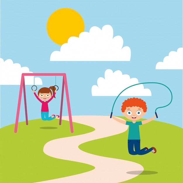i bambini felici che giocano a jum rope e bar monkey si divertono