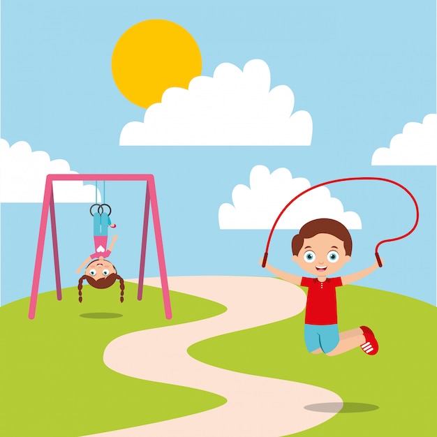 i bambini felici che giocano a jum rope e bar monkey si divertono