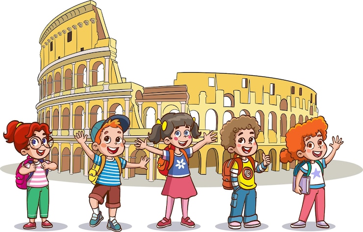Vettore i bambini felici e carini stanno facendo un tour mondiale