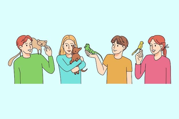 I bambini felici giocano con diversi animali domestici