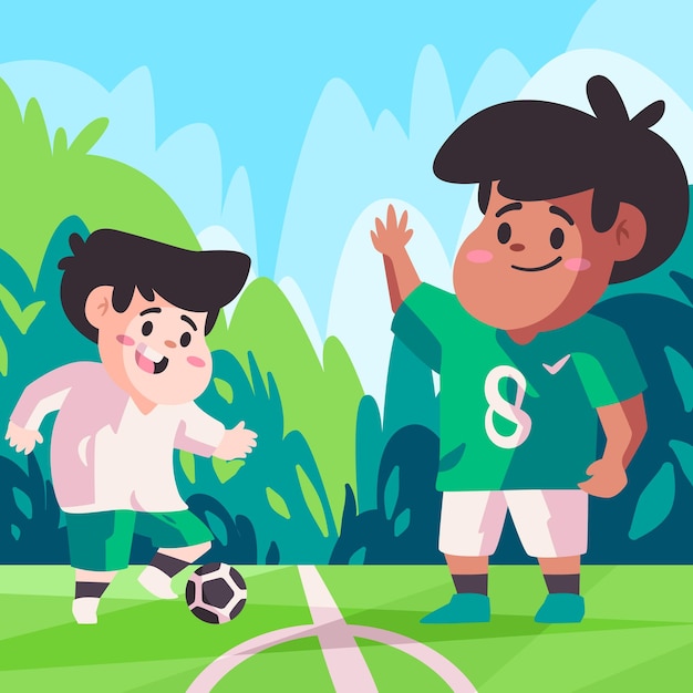 I bambini giocano a calcio i bambini con il padre il padre gioca a calcio campo allenatore con il ragazzo palla sportiva