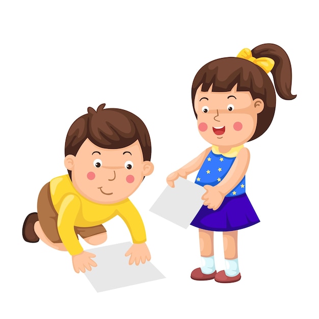 I bambini giocano a giochi educativi collocando illustrazioni di caratteri vettoriali su carta bianca