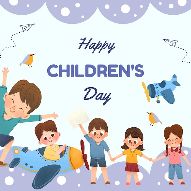 I bambini giocosi dell'aereo giocano il giorno dei bambini blu