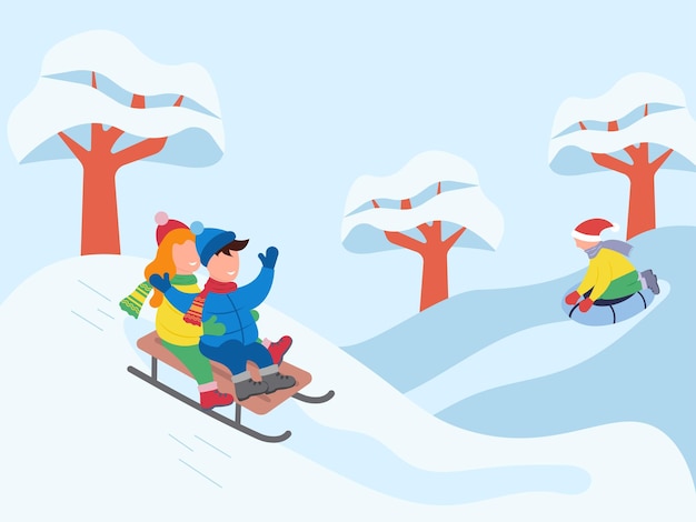 I bambini guidano un tubo e una slitta i bambini scivolano sulla neve in inverno vacanze invernali attive personaggi