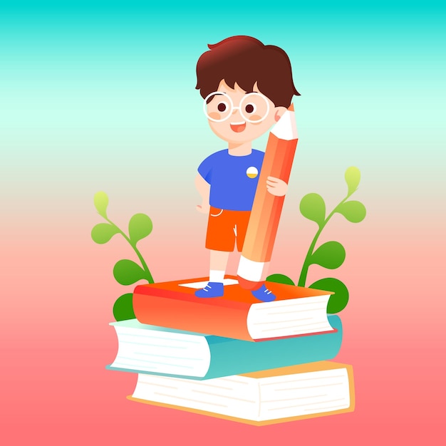 I bambini si divertono ad andare a scuola con libri e matite sullo sfondo, illustrazione vettoriale