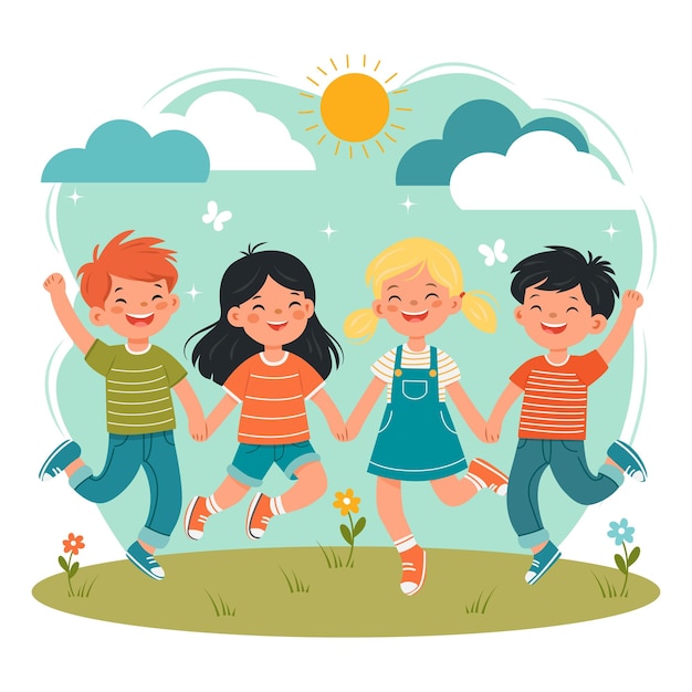 I bambini si tengono per mano saltando e ridendo di felicità giochi di amicizia illustrazione vettoriale