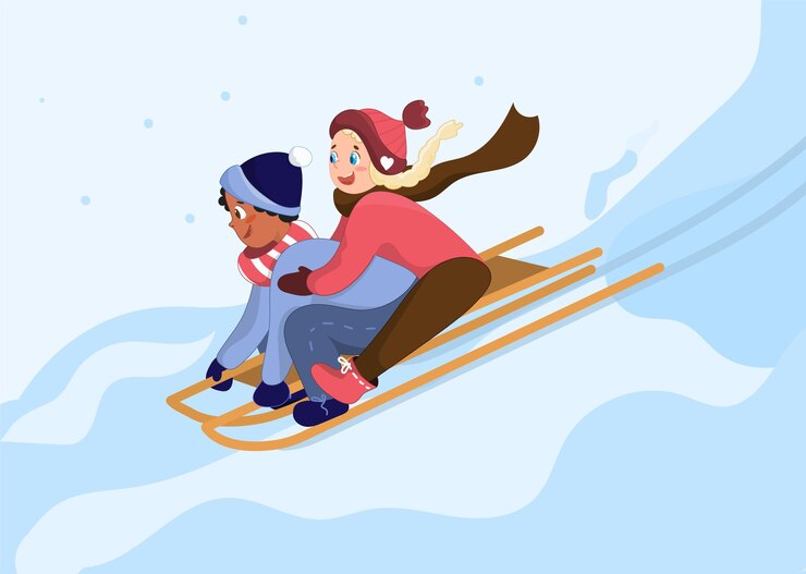 I bambini stanno slittino giù per la collina. Personaggi dei bambini felici in stile cartone animato. Tempo nevoso, intrattenimento invernale, il concetto di attività all'aperto