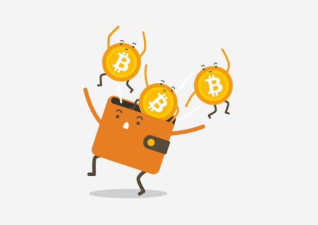 I bitcoin saltano fuori dal portafoglio. Concetto di cartone animato di criptovaluta.