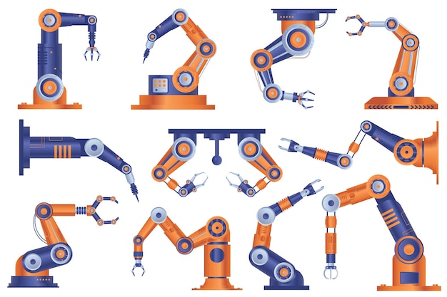 I bracci del robot industriale impostano elementi grafici in design piatto Fascio di manipolatori robotici automatici mani per lavorare alla linea di trasporto della fabbrica di assemblaggio Oggetti isolati illustrazione vettoriale