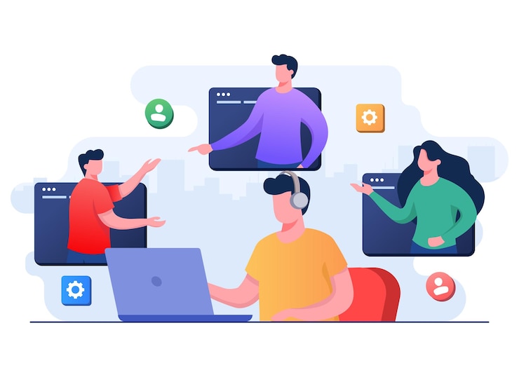 Vettore i clienti fanno domande all'operatore della hotline supporto clienti online le persone d'affari si incontrano online