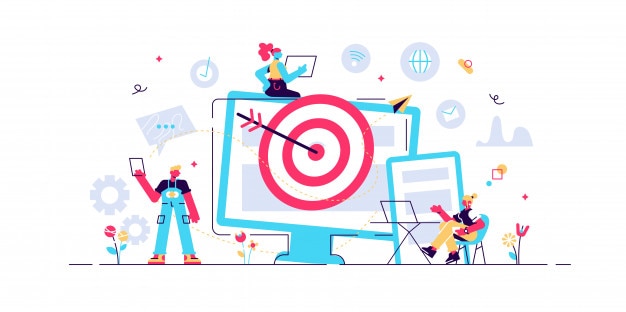 I consumatori con dispositivi ricevono annunci e messaggi mirati. Targeting multi-dispositivo, raggiungendo il pubblico, concetto di marketing cross-device su sfondo bianco. Illustrazione vibrante viola vibrante luminosa