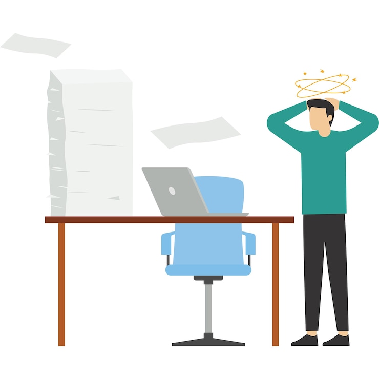 Vettore i dipendenti hanno mal di testa e sono preoccupati per il lavoro illustrazione vettoriale in stile piatto