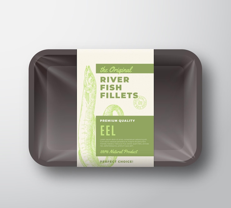 Vettore i filetti di pesce originali abstract vector packaging design etichetta sul vassoio di plastica con copertura in cellophane tipografia moderna e layout di sfondo sagoma anguilla disegnata a mano