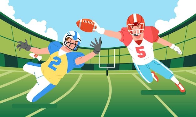 I giocatori di football americano saltano per combattere per la palla avversaria in campo