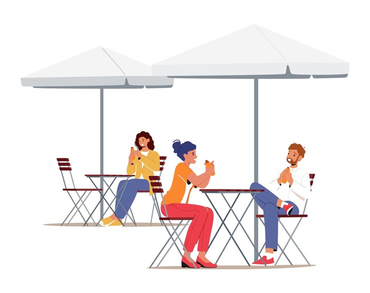 Vettore i giovani che visitano il caffè estivo all'aperto persone che si incontrano a mangiare i personaggi del concetto di cibo di strada seduti ai tavoli