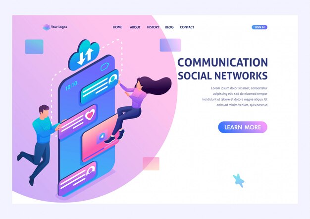 I giovani comunicano nei social network tramite l'app al telefono. Concetto di tecnologia moderna. Concetti sulla pagina di destinazione e web design