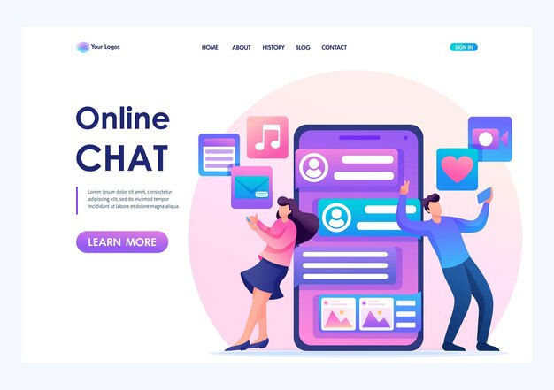 I giovani corrispondono in una chat online di un social network Inviarsi foto e video Carattere 2D piatto Concetti della pagina di destinazione e web design