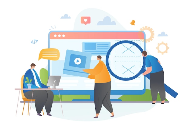 I giovani personaggi maschi stanno programmando e codificando il sito web insieme al concetto di designer di animazione del web.