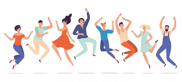 Vettore i giovani saltano. gruppo di adolescenti di salto, studenti di risata teenager felici ed illustrazione emozionante sorridente della gente