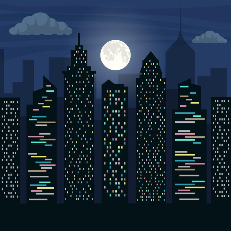 Vettore i grattacieli della grande città al chiaro di luna paesaggio notturno della città illustrazione piatta vettoriale