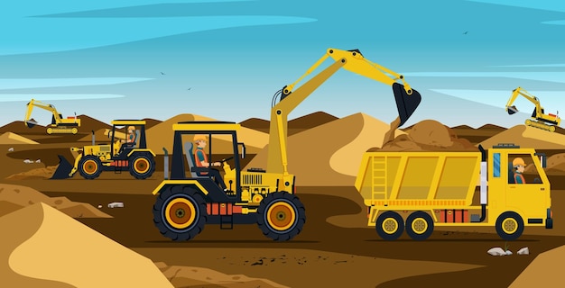 I lavoratori che guidano l'escavatore lavorano su un mucchio di terra e sabbia