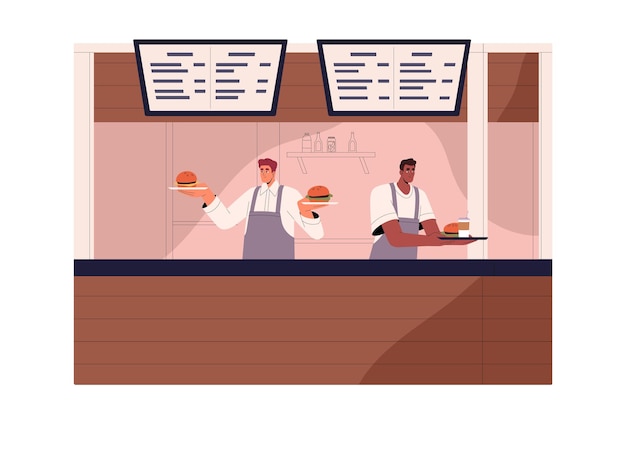 I lavoratori dei ristoranti di fast food danno ordini ai visitatori del servizio I dipendenti stanno dietro il bancone a vendere hamburger I giovani uomini lavorano nel caffè con vassoi per la vendita di snack illustrazione vettoriale piatta