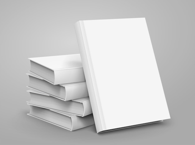 I libri con copertina rigida in bianco si accumulano su sfondo grigio chiaro nell'illustrazione 3d