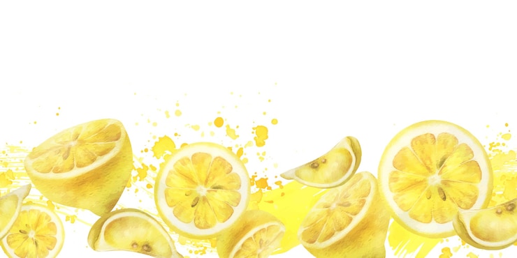 Vettore i limoni sono fette gialle, succose e mature con schizzi di succo, acquerello, illustrazione botanica disegnata a mano.