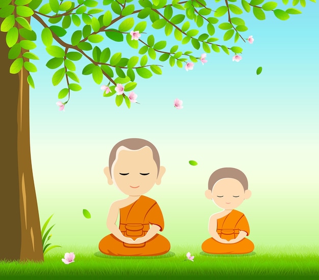 I monaci tailandesi e il novizio tailandese, meditazione buddista si siedono, sull'erba con sotto la priorità bassa dell'albero e del fiore, illustrazione
