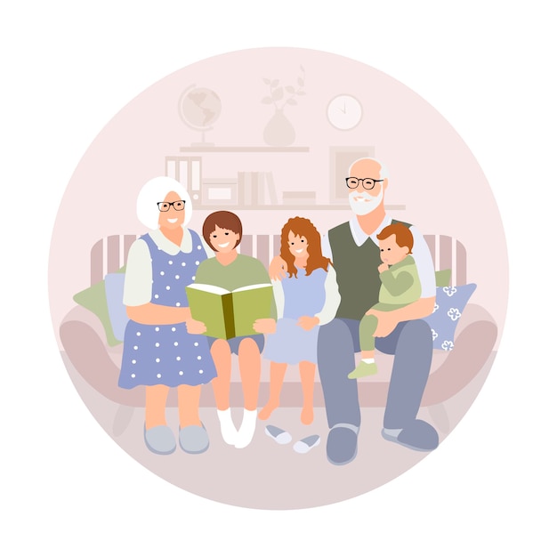 I nonni leggono il libro ai nipoti