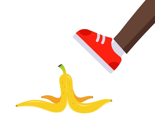 I passi del piede su una buccia di banana scivolano su un'illustrazione vettoriale piatta di banana