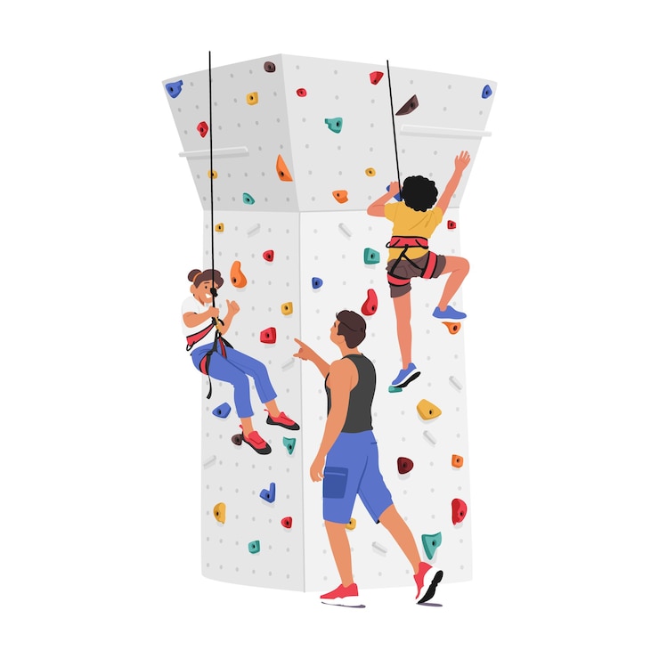 Vettore i personaggi dei bambini scalano una parete da arrampicata con la guida dell'eccitazione dell'istruttore e l'avventura delle attività all'aperto