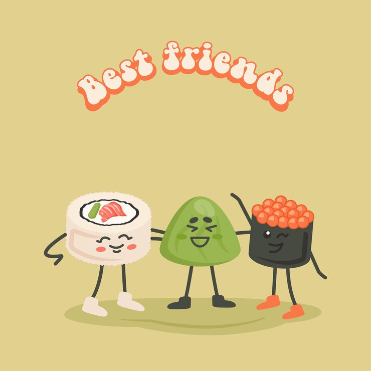 Vettore i personaggi dei cartoni animati sono i migliori amici rotolo giapponese sushi vassabi con testo asian food vector