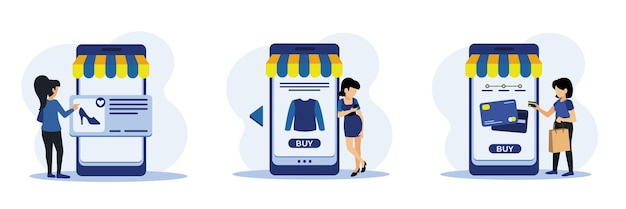 I personaggi sono il concetto di shopping online La donna acquista scarpe e maglione sull'app