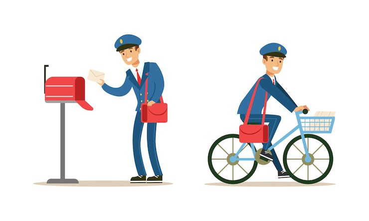 Vettore i postini che consegnano la corrispondenza impostano caratteri di postino in uniforme blu e con cappello