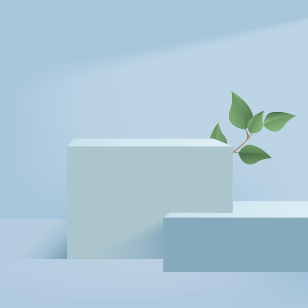 I prodotti mostrano una scena del podio di sfondo 3d con piattaforma geometrica di forma blu e foglie verdi. Illustrazione vettoriale.