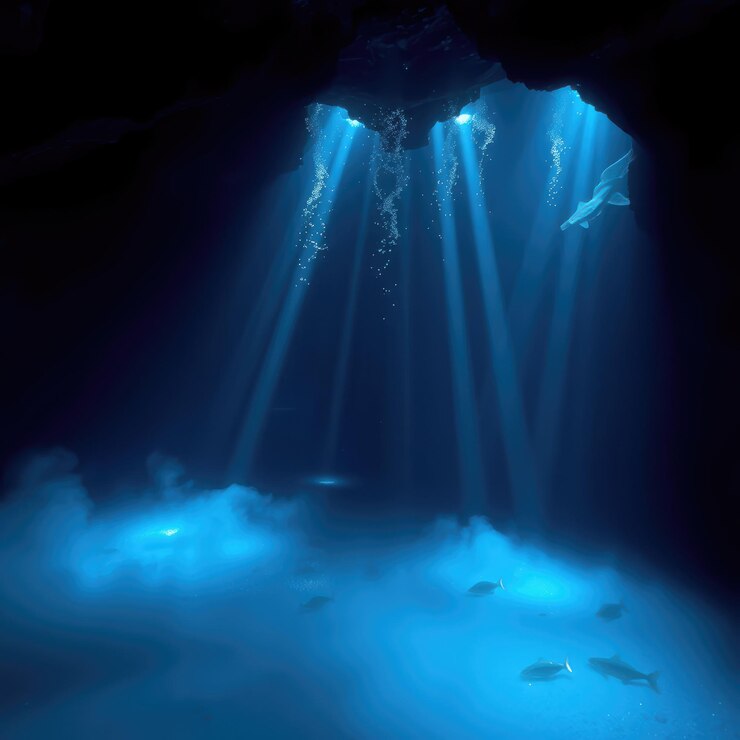 Vettore i raggi di luce sottomarini nella grotta