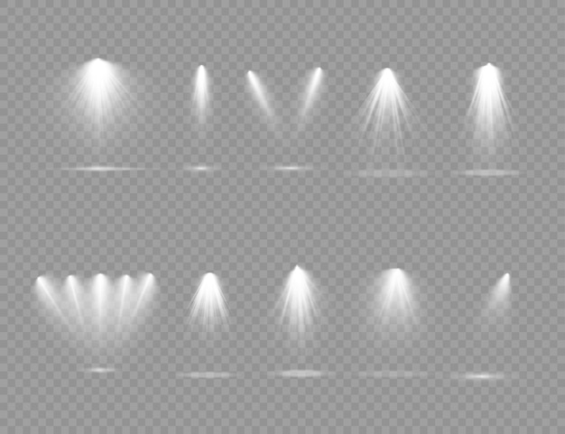 I riflettori brillano sul palco. Luce di una lampada o di un faretto, scena illuminata.