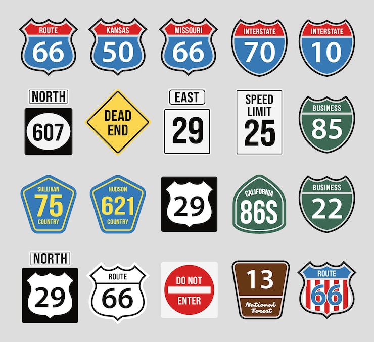 Vettore i segnali stradali degli stati uniti d'america stampano il vettore pronto, i simboli della strada, il cartello della route 66