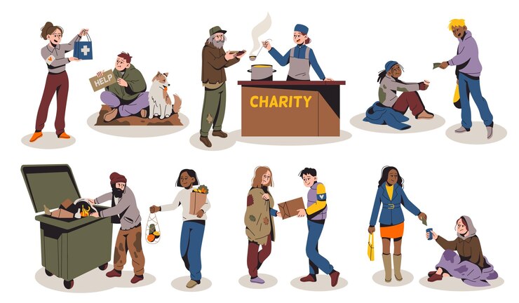 Vettore i senzatetto aiutano i personaggi poveri e i volontari che forniscono assistenza e sostegno alla persona affamata e alla distribuzione del cibo, alla donazione umanitaria, agli assistenti sociali, al set piatto del fumetto vettoriale ordinato