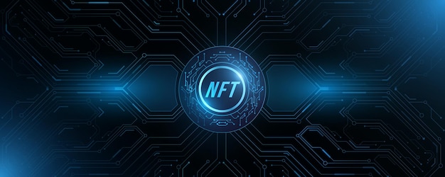 I token non fungibili NFT coprono gli elementi HUD blu che brillano con il concetto di DeFi del circuito stampato del computer Banner hitech futuristico Sfondo tecnologico moderno