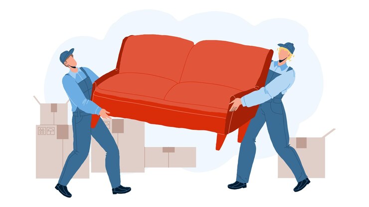 Vettore i traslochi portano il divano e si spostano in una nuova casa vettore. trasporto e spostare gli uomini dei lavoratori di servizio spostare divano e scatole. personaggi che trasportano mobili e cartoni illustrazione piatta del fumetto