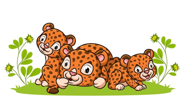 I tre leopardi stanno giocando insieme nel giardino pieno dei fiori dell'illustrazione