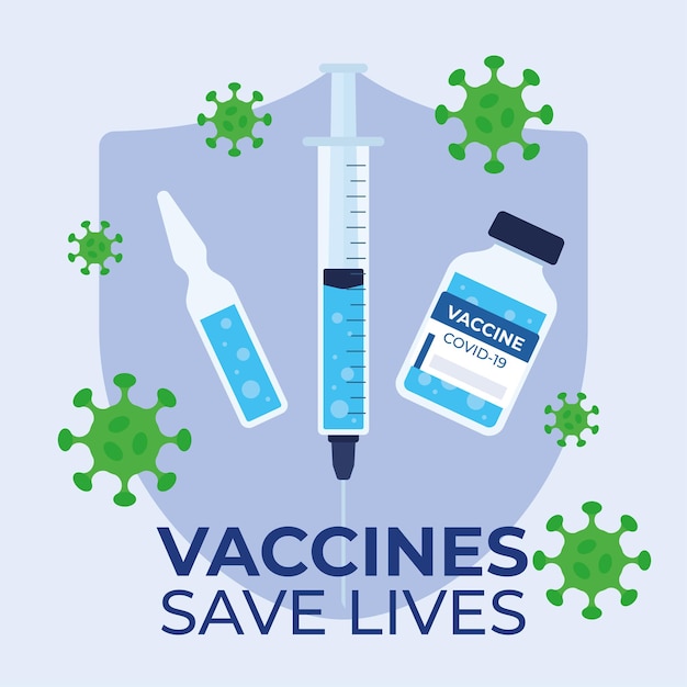 I vaccini salvano vite poster scudo medico con pallone e medicina Illustrazione vettoriale