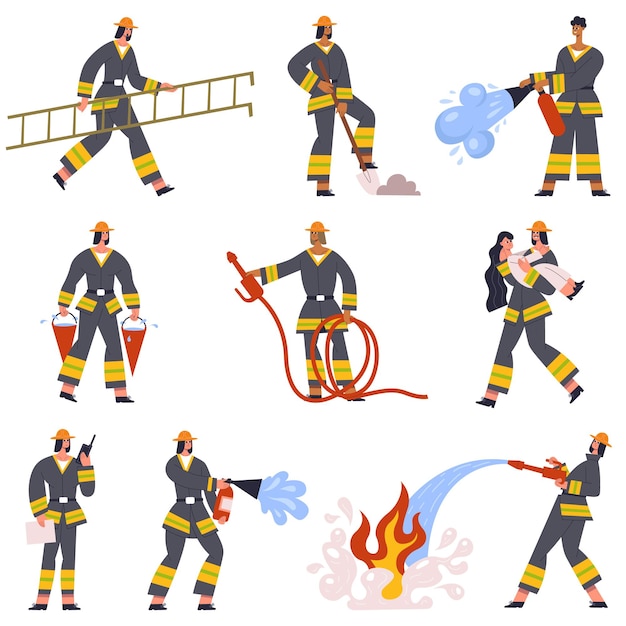 I vigili del fuoco coraggiosi salvano i personaggi dei servizi di emergenza in azione. Vigile del fuoco con set di illustrazioni vettoriali per attrezzature di salvataggio antincendio. Servizio di emergenza dei vigili del fuoco