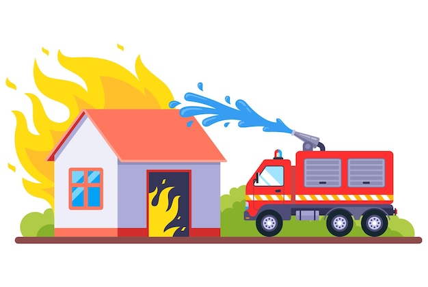 I vigili del fuoco spengono una casa in fiamme in legno. manichetta antincendio con acqua. illustrazione vettoriale piatto.